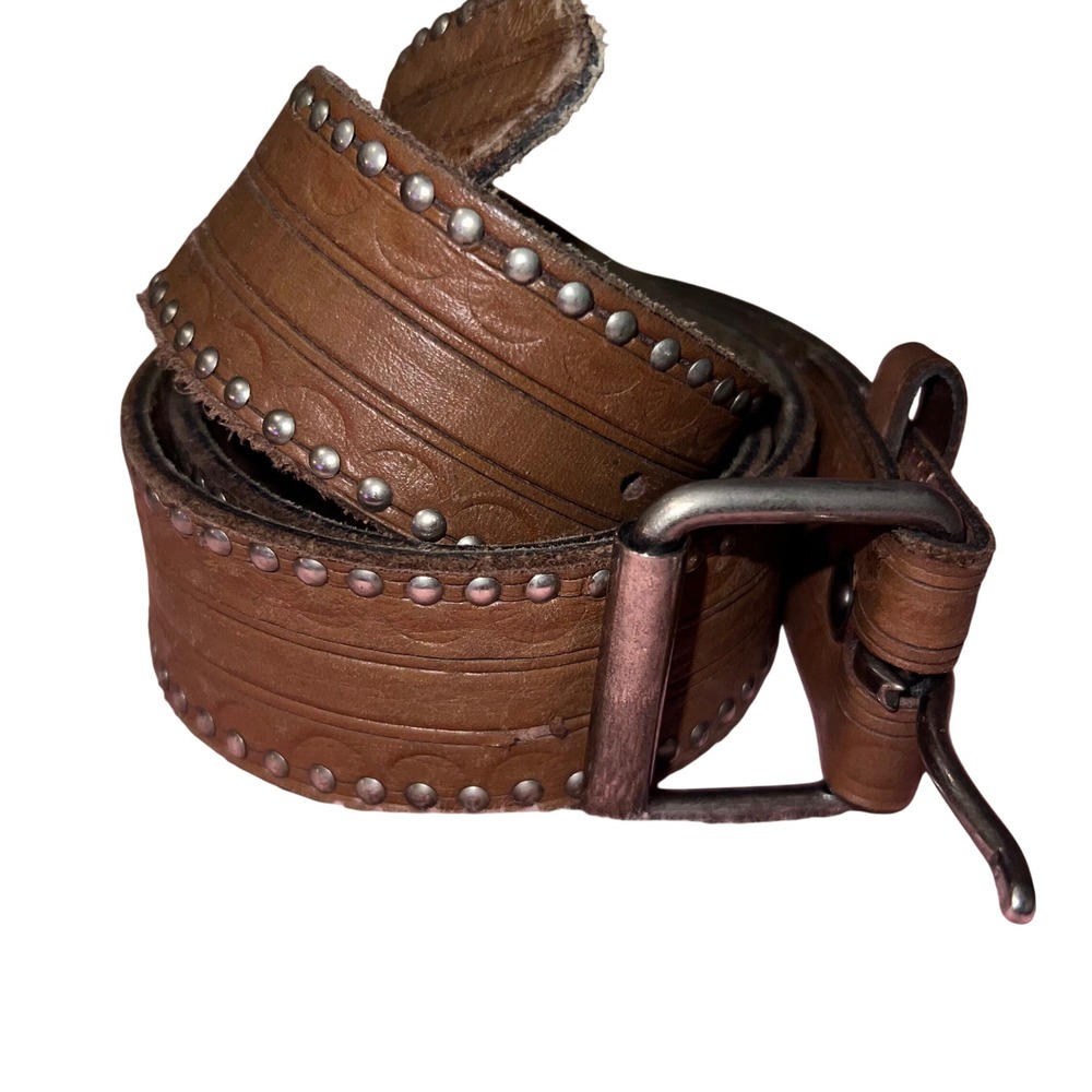Vintage Brown Genuine Leather Studded Embossed Belt Removable Buckle Snap Large